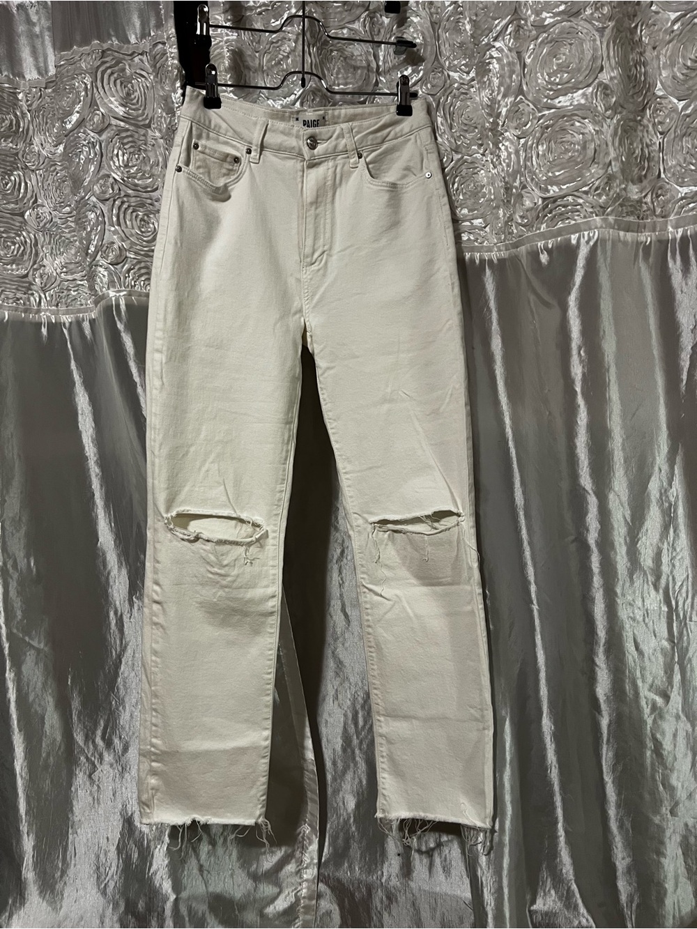 PAIGE Off-White Straight Leg Distressed Jeans